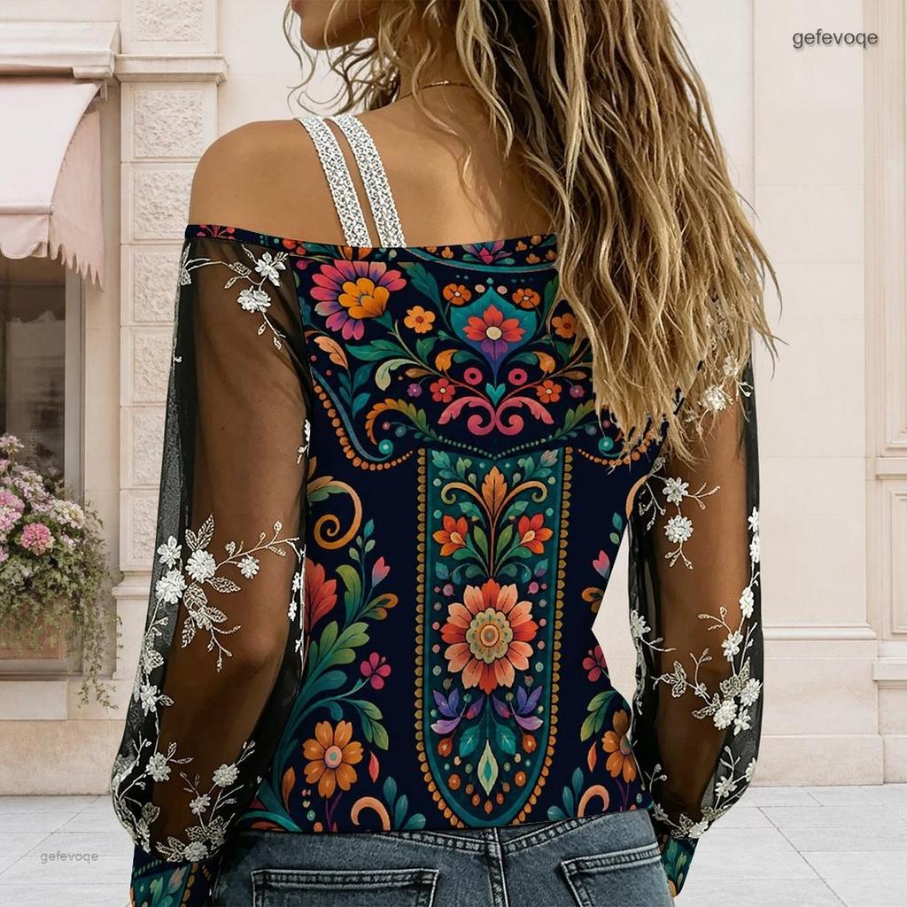 Women Plus Size Asymmetric Off Shoulder Long Sleeve Floral Print T Shirt Sheer Sleeve