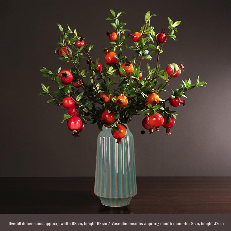 High-End Artificial Pomegranate Flower & Fruit Tree Branch Arrangement for Living Room or Dining Table Decor.