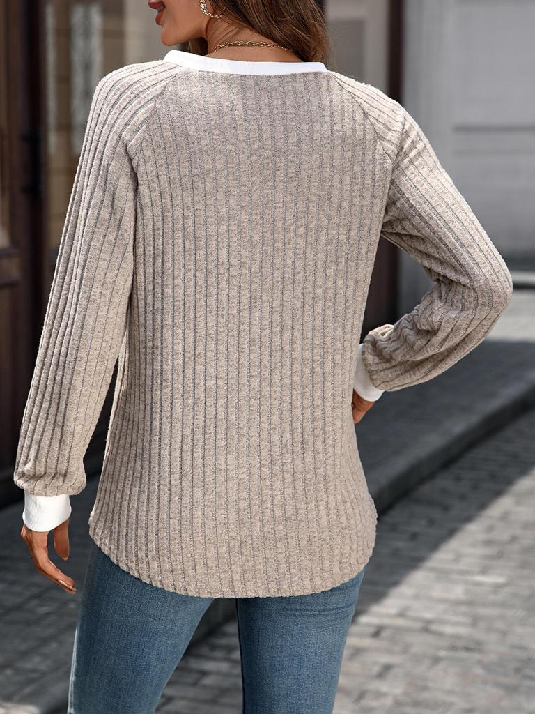 Women's Autumn/Winter V-Neck Color-Blocked Ribbed Sweater T-Shirt