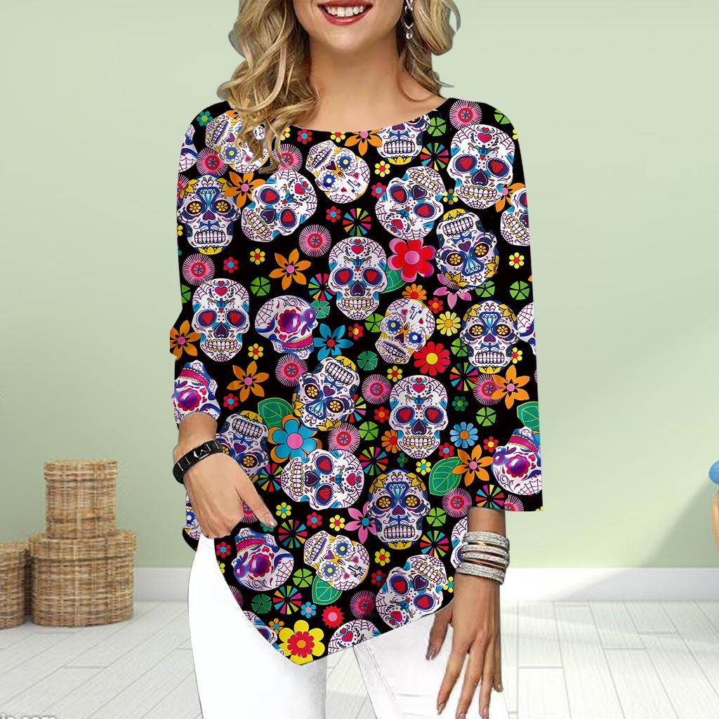 Damen Dreiviertelarm Rundhals T-Shirt Lockere Shirts Lässig Furchteinflößender Totenkopf Print T-Shirt Tops