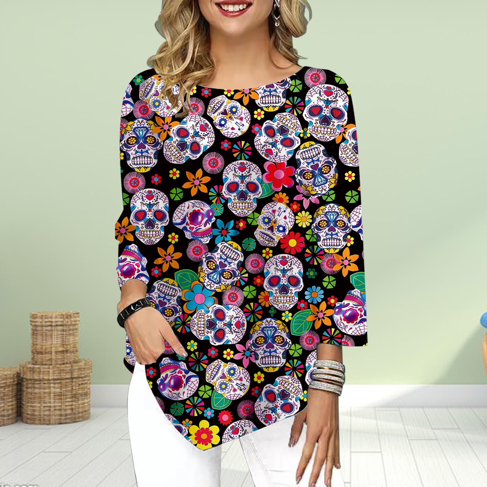 

Женская футболка с рукавом три четверти и круглым вырезом, свободные рубашки, повседневные футболки с принтом ужасающего черепа 8XL разноцветный