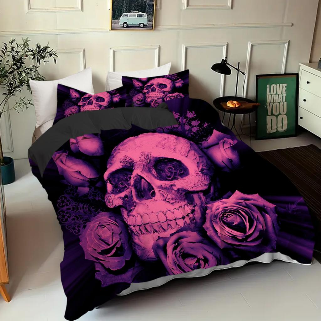 Comforter Violet Rose Golden Skull Pattern 3D Print Halloween Gothic Style Bedding Set With Polyester