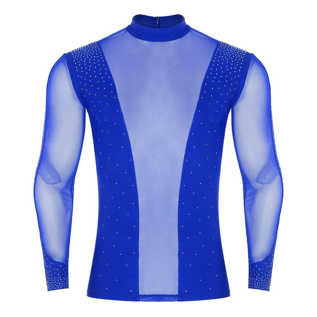 Mens Latin Dance Top Sheer Mesh Patchwork Shiny Rhinestone Mock Neck Long Sleeve T Shirt Stage Performance Blouse