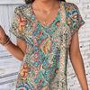 Bluză de femei retro imprimeu boemă de vară Topuri casual Elegante de plajă cu mâneci scurte cămăși largi pentru femei Moda vacanță bluze pentru femei 24482