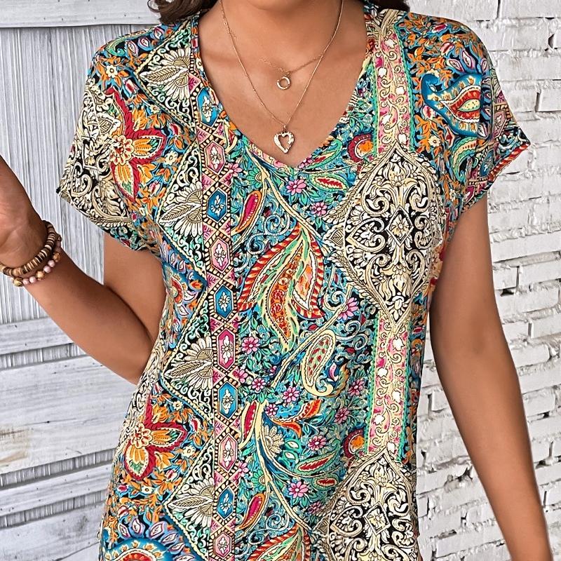 Bluză de femei retro imprimeu boemă de vară Topuri casual Elegante de plajă cu mâneci scurte cămăși largi pentru femei Moda vacanță bluze pentru femei 24482