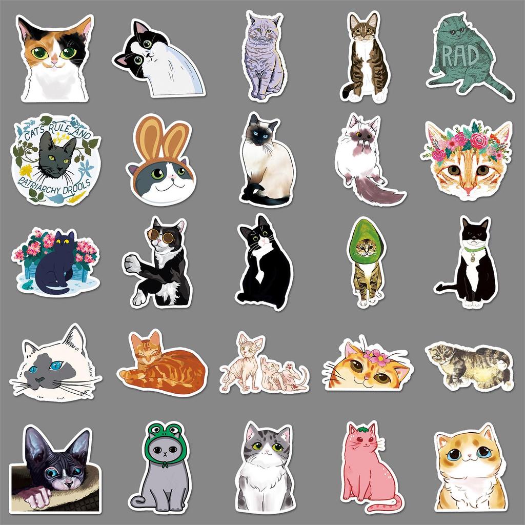 50 Cute Cat Cartoon Stickers for Notebook, Luggage, Car, and Scooter