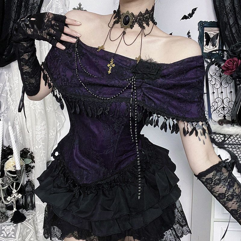 

Xs25193 Dark Gothic Off-Shoulder Rose Top 2025 New Style Gothic Style Slim Fit Versatile Lace Purple M