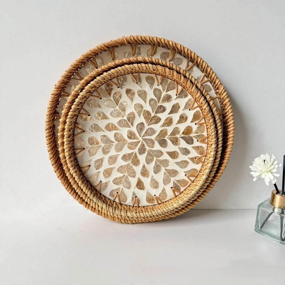 Round Rattan Tray Handmade Decorative Tray Storage Tray Woven Tray  Table Tray