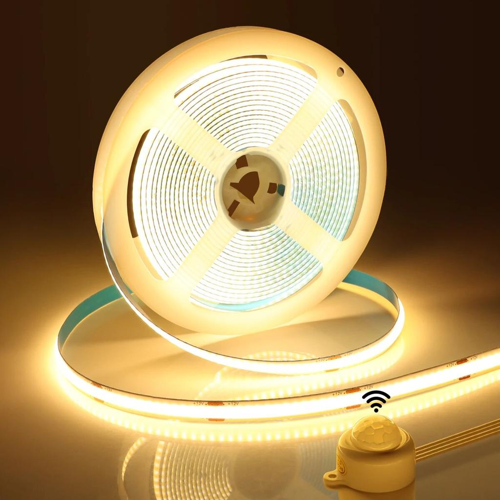 Super jasné COB LED páskové světlo Chytrý PIR pohybový senzor 220V 110V až 12V DC Flexibilní lampová páska pro dekoraci kuchyňského šatníku