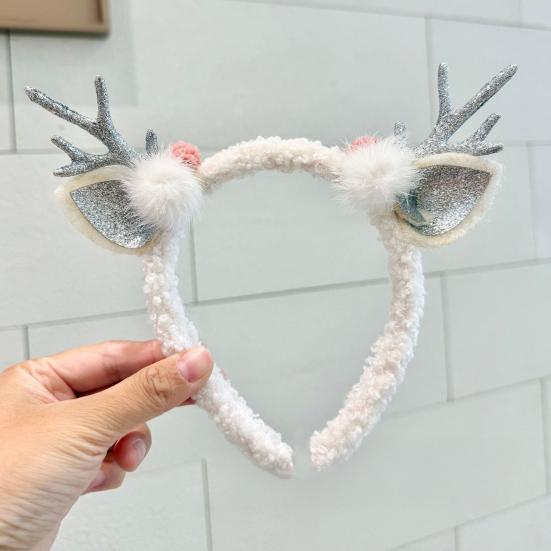 Christmas Headband for Women Fleece Reindeer Antlers Headband with Bow Pompoms for Xmas Party Supplies Halloween Cosplay Accessory