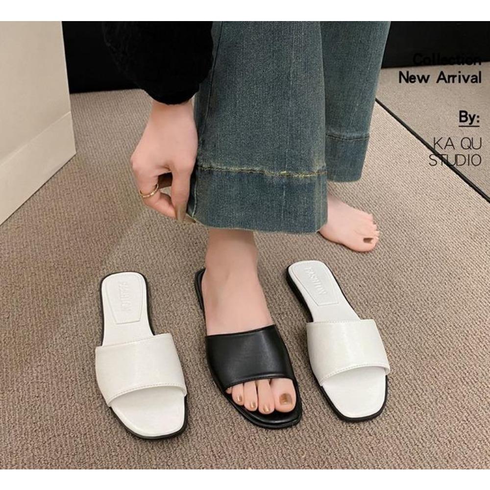 Fashion Shoes Low Square Toe Slippers Flat Luxury Slides Slipers Women Designer 2024 Summer Soft Fabric Rome Hoof Heels Concise PU