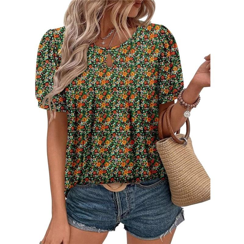 Floral Print Round Neck T-hole Casual Short-sleeved Pleated Flower Women