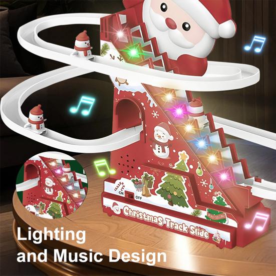 Christmas Climbing Stairs Slide Toy with Music LED Light Toddlers Electric Musical Santa Ski Slope Toy with 5 Snowmen Roller Coaster Sliding