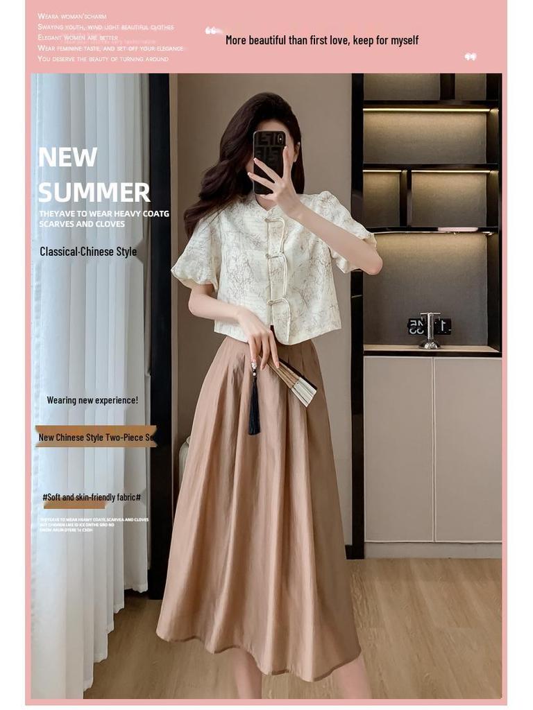 Xiaxin Real Shot Chinese-Style Skirt Set: New Two-Piece Outfit with Light National Style Half-Length Skirt