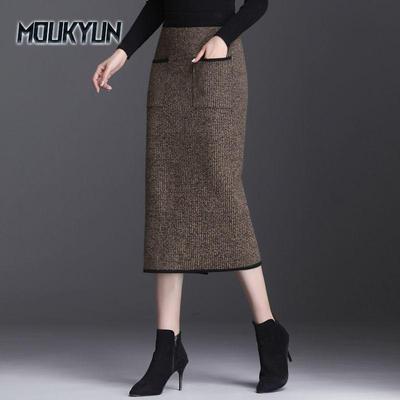 Autumn Winter Women's Midi Knitted Skirt Female Skirt High Waist Thicken Pockets Slim One Step Hip Skirts