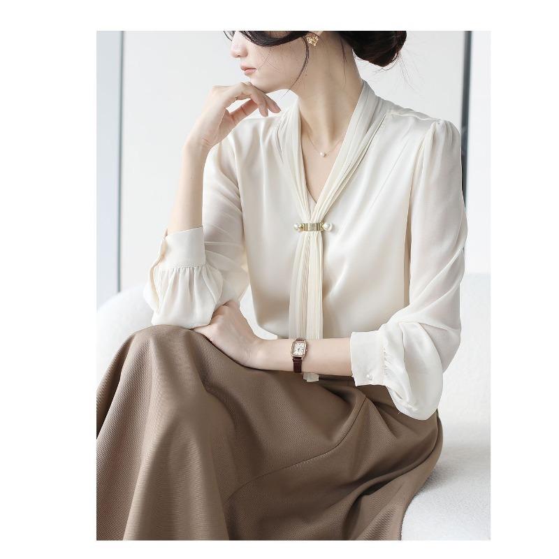 Spring and Autumn New Style French Gentle Commuting Retro Niche Streamer Long-sleeved Shirt for Women