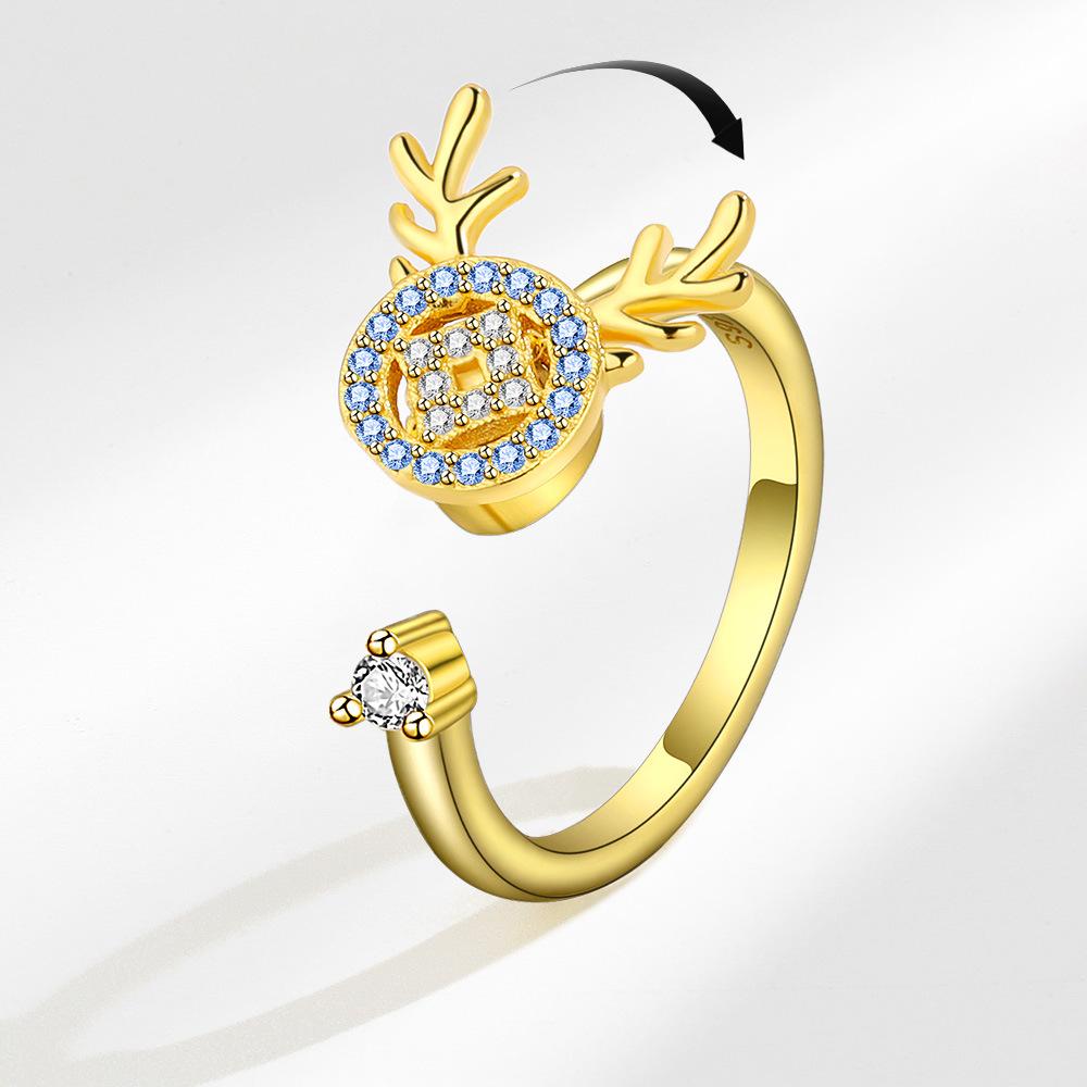 Adjustable Rotating Zircon Ring For Women Anti Anxiety Stress Relief Deer Design Open Band Jewelry
