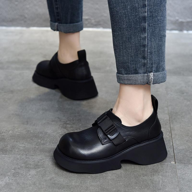 Johnature Dicke Sohlen-Pumps, leicht, echtes Leder, vielseitige Retro-Damen-Plateauschuhe mit runder Zehenpartie