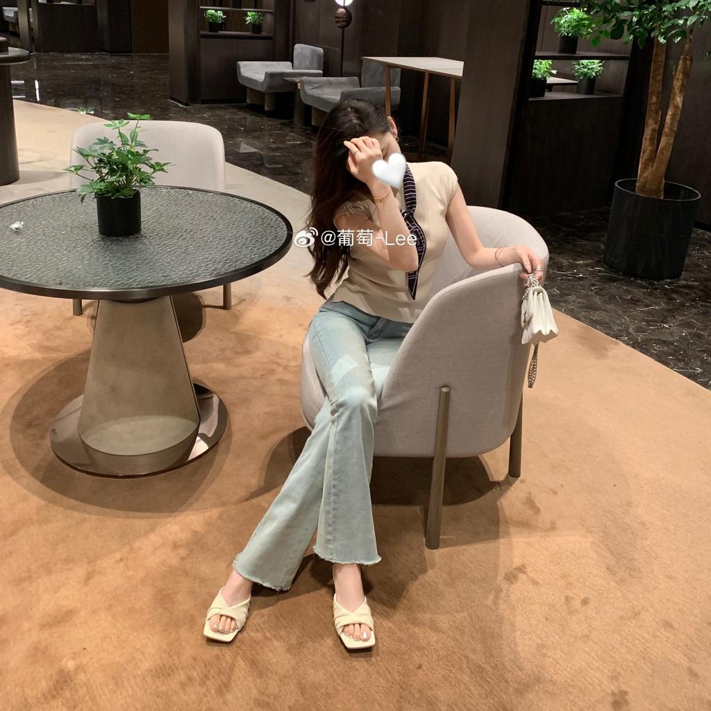 Sheepskin version~ supermodel 7cm square head folds one word with half slippers women