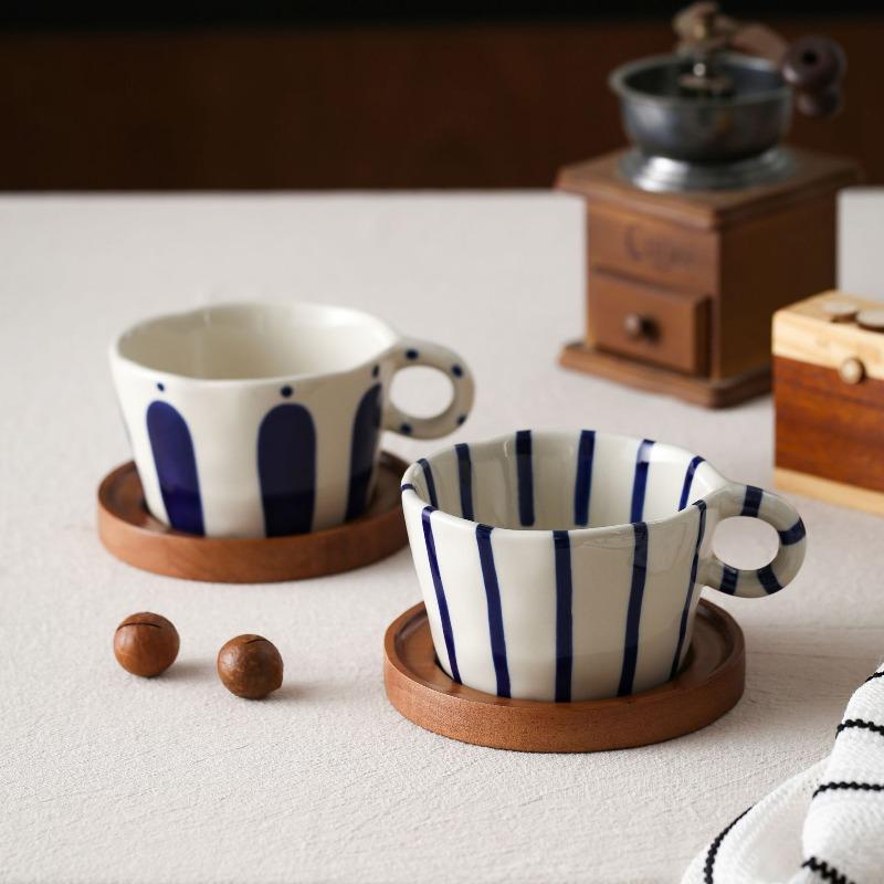 280ML Ceramic Coffee Cup Plate Creative Stripe Latte Art Coffee Mug Exquisite Afternoon Tea Flower Tea Cup Home Milk Mug Gifts