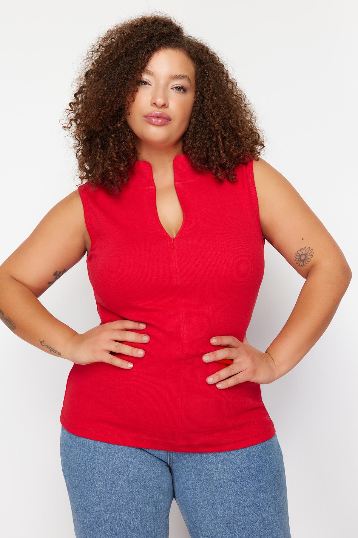 

Women s Style Plus Size Red Zipper Knitted Blouse XL