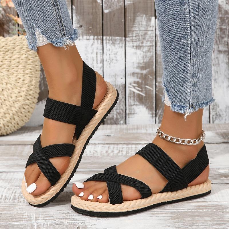 

Fashion New Style Popular Women s Fashion Sandals Trend Anti-slip Wear Comfortable Matching Color Sole Pure Black Shoelace Flat Sandals 35