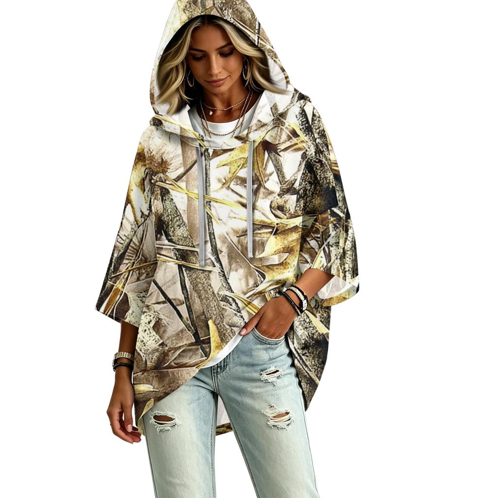 Women's Fashion Three-Quarter Sleeve Leaf Print Hooded Pullover Top