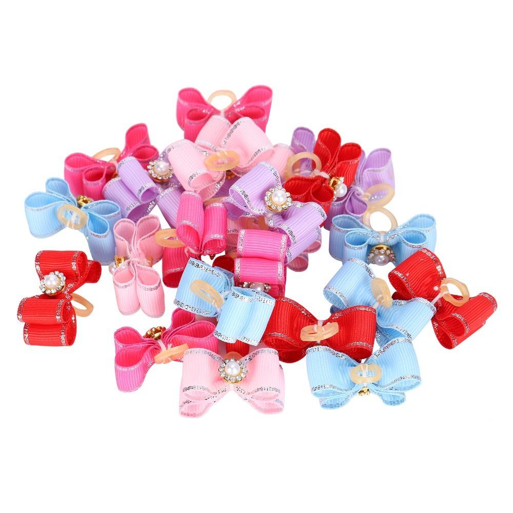 25Pcs Elastic Band Pet Hair Bow Pearl Decor Dog Hair Flower Cute Look Dog Bow Tie Pet Styling
