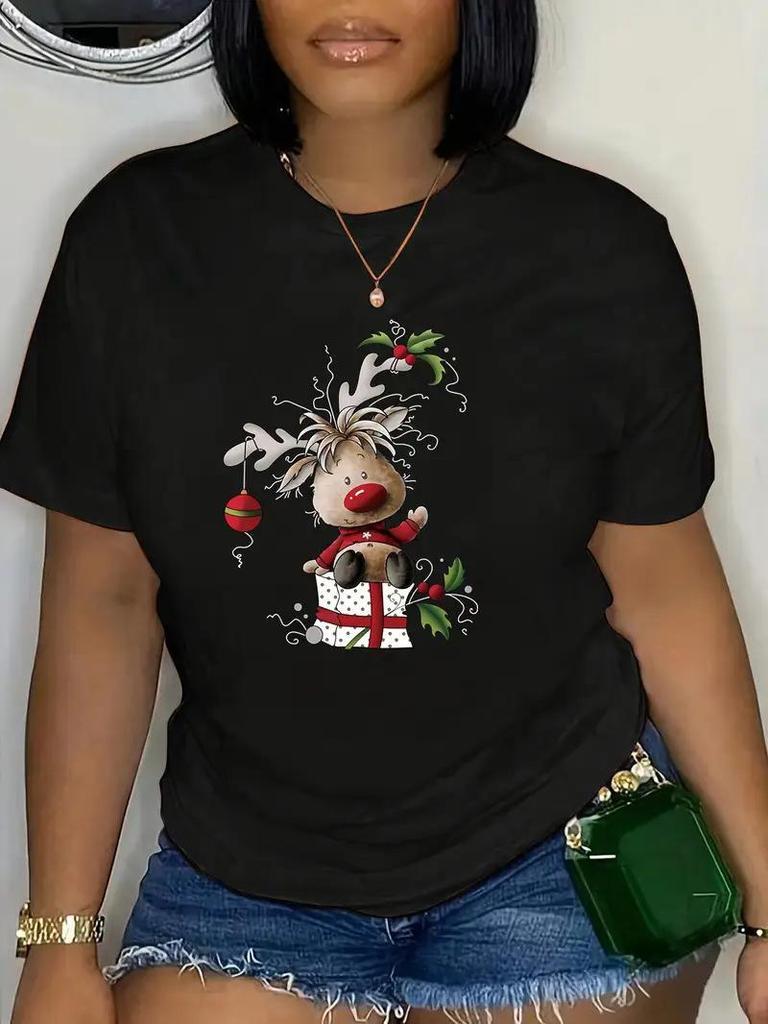 Women's European & American Short-Sleeved Christmas Crew Neck Top