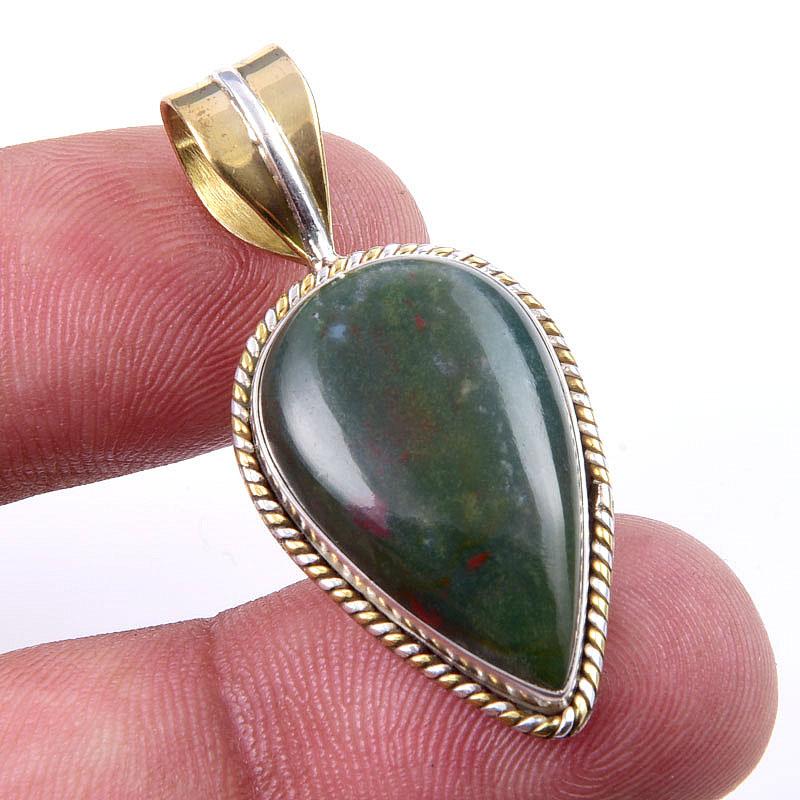 

Natural Bloodstone Gemstone 925 Solid Sterling Silver TwoTone Pendant 1.50 D2M16
