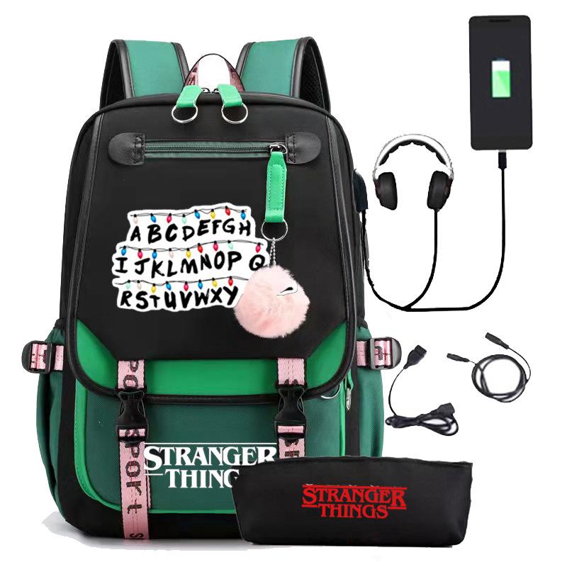 Zaino Stranger Things Stranger con Ricarica USB Borsa Scolastica per Studente di Scuola Media Astuccio Set da Due Pezzi