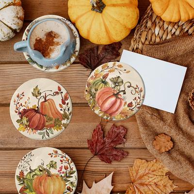 Fall Thanksgiving Coaster Vintage Autumn Pumpkin Leaves Drink Coaster Absorbent Natural Ceramic Coaster Retro Harvest Cup Mat