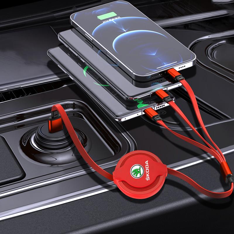 1Pcs Car Mounted Telescopic Three In One Mobile Phone Charger For Skoda Octavia Superb Rapid Kodiaq Karoq Fabia Kamiq Roomster Citigo