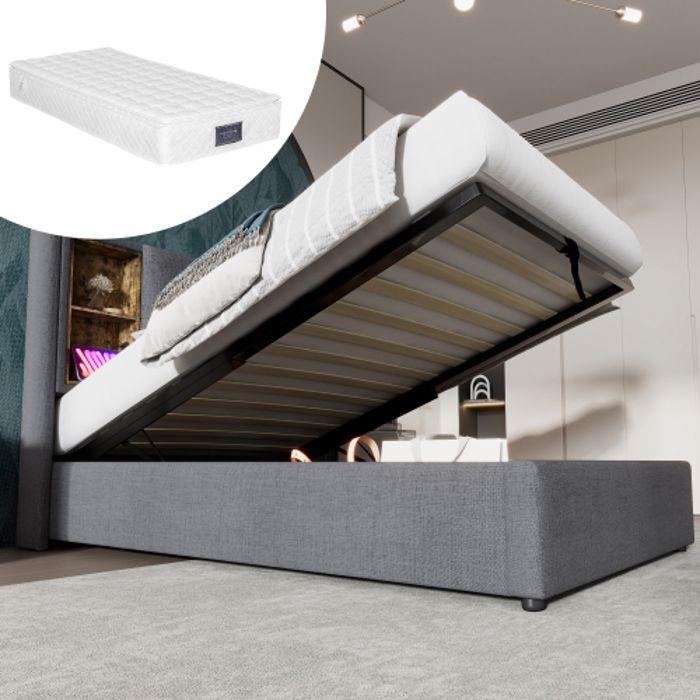 Lit Simple Avec Recharge Sans Fil USB C, Cadre De Lit 90x200cm, Sommier En Panneaux De Coton Gris (avec Matelas)