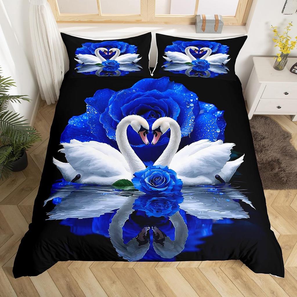 Comforter Romantic Swan Microfiber Flower Bedding Set Wild Animals Twin King For Girls Teen Adults Bedroom Decor