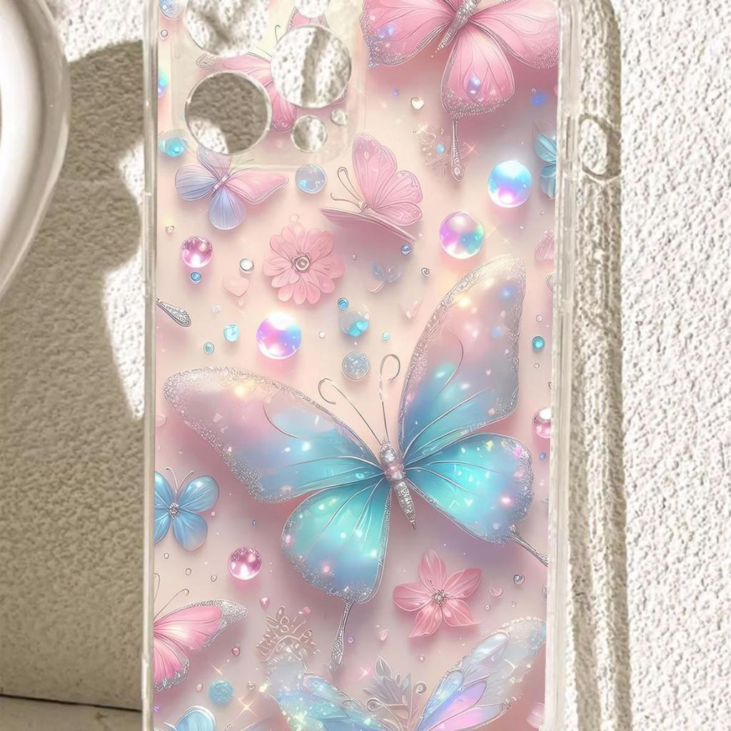 Powder Blue Butterfly Anti-Drop Transparent Case for iPhone 14/15/16/17 Pro Max