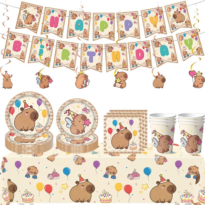 Capybara Decoration Birthday Party Favors Tableware Set Cup Plate Balloons Gift Bags Happy Banner Cake Topper Supplies for Girls