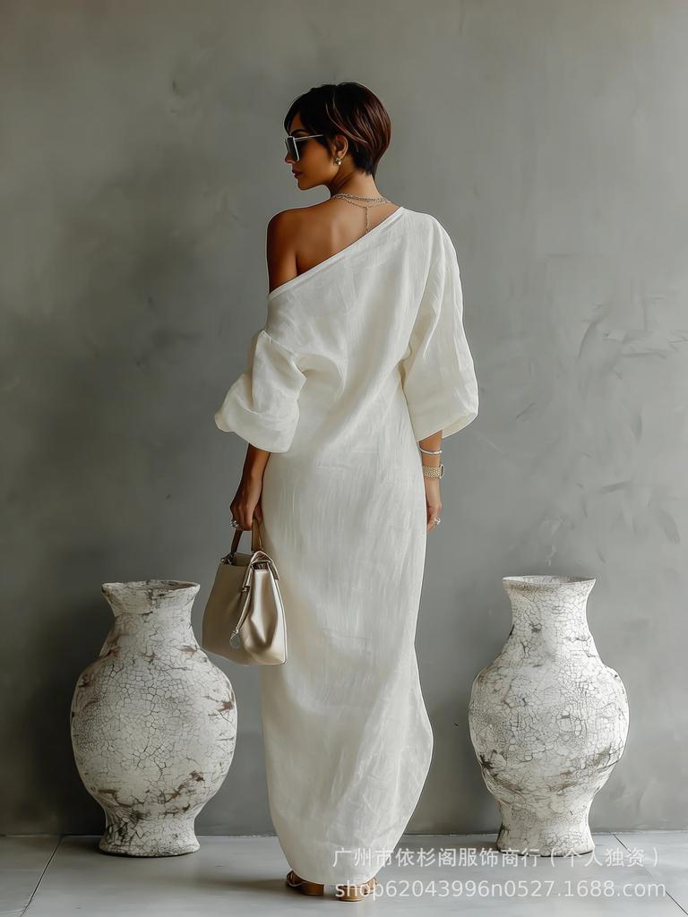 2026 Elegant Retro Chinese Zen One-Shoulder Loose Long Dress