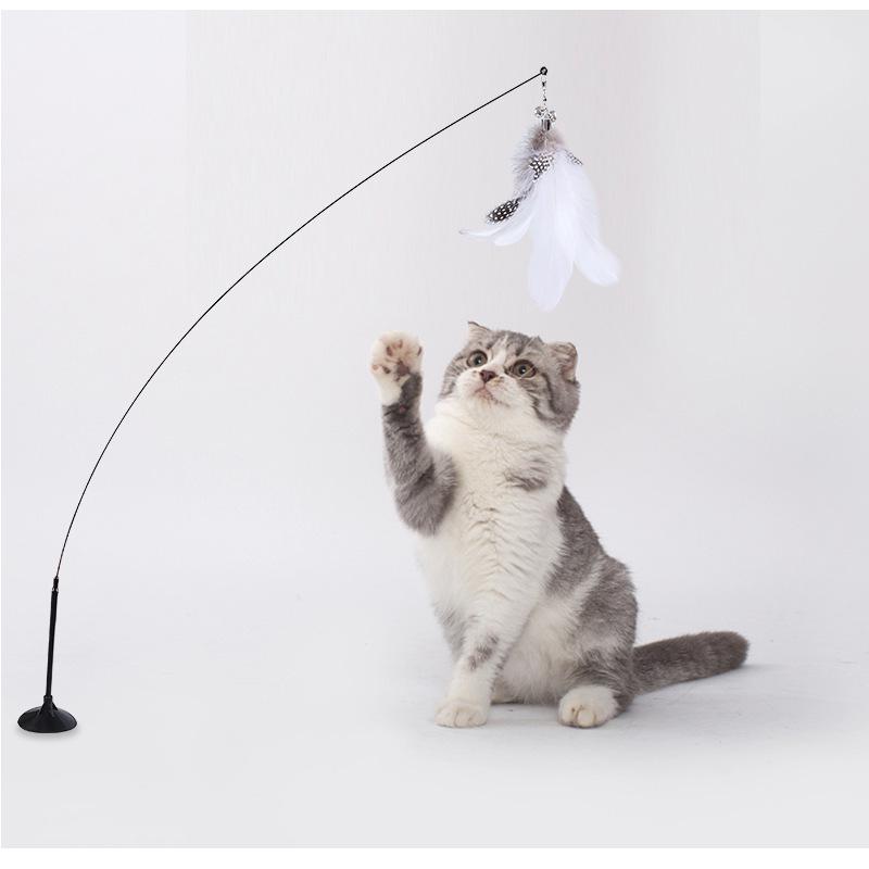 Strong Suction Cup Cat Teaser Wand: Detachable Long Rod with Feather, Bell, and Self-Play Interactive Toy