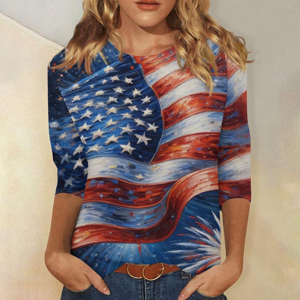 T-shirt Top Décontracté Tendance pour Femme Imprimé Drapeau Américain et Étoiles Fête de l'Indépendance Manches Trois-Quarts Col Rond
