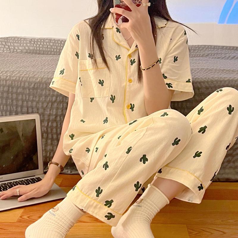 Sweet and Cute Pajamas Women's Summer Short-sleeved Trousers Girls Loungewear Suit