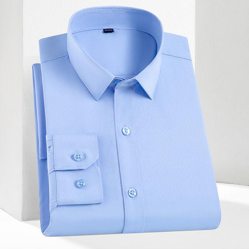 Bamboo Fiber 8XL Classic Stripes Plaid Solid Color Work Blue White Shirt Men Long Sleeve Slim Fit Big Size Men Shirt Long Sleeve