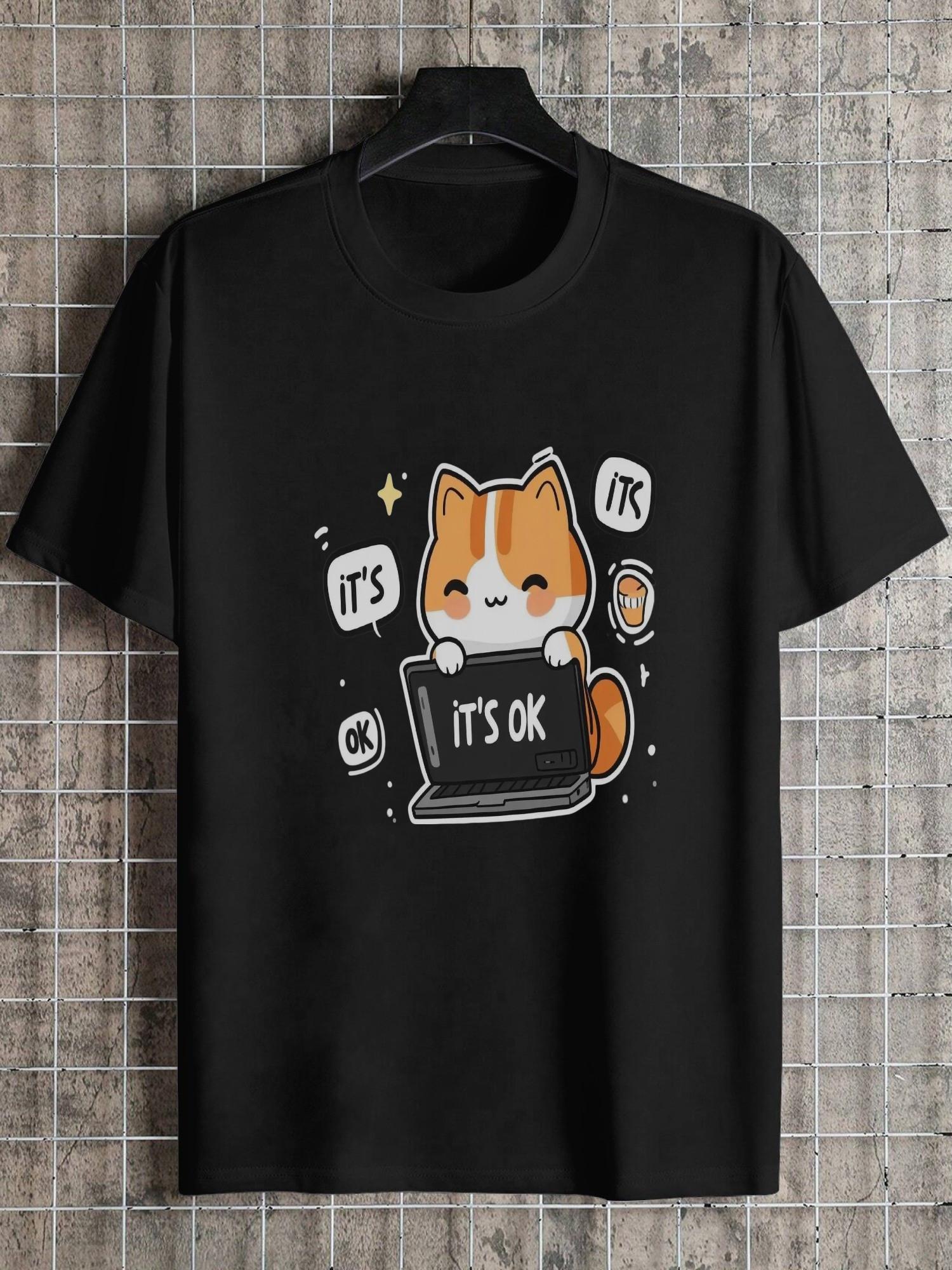

1pc Casual Kawaii Cat Working Graphic T-shirt - 180g Cotton Crew Neck Short Sleeve Tee with It s Ok Laptop Design XXXL