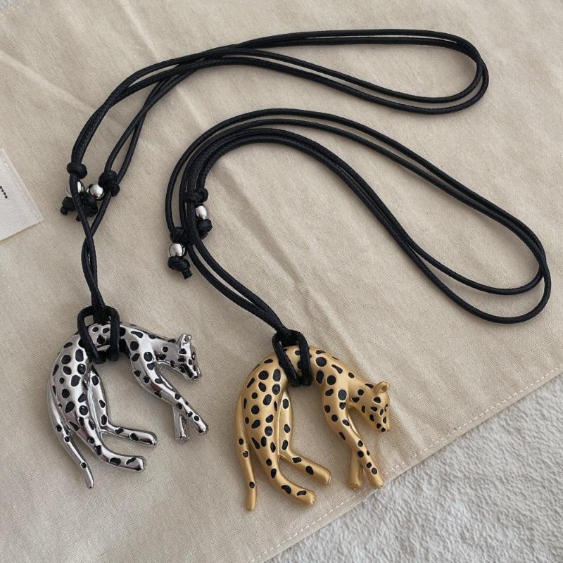 Women's Metallic Leopard Pendant Necklace Adjustable Long Black Wax Rope Sweater Chain Unique Design