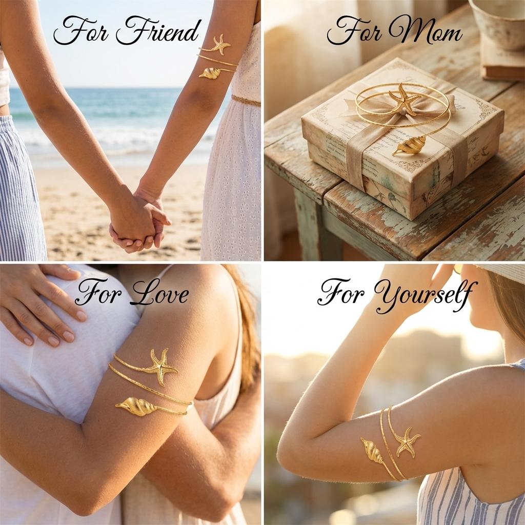 Boho Gold Color Starfish Shell Upper Arm Cuff Bracelet for Women Trendy Metal Conch Adjustable Open Bangle Beach Party Jewelry