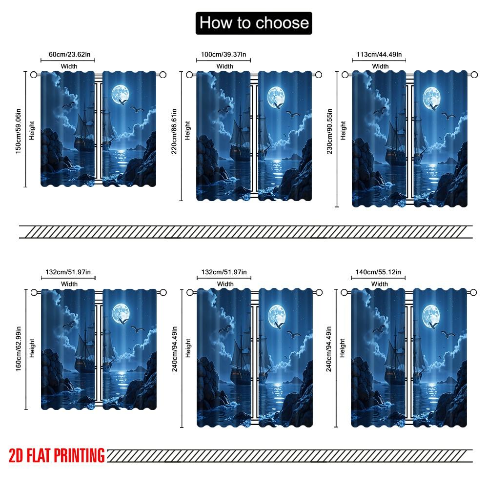 Flat Printing Window Curtains Moonlit Ship Polyester Without Electricity Family Party Decoration Suitable Home Curtain Set Of 2 Made Washable