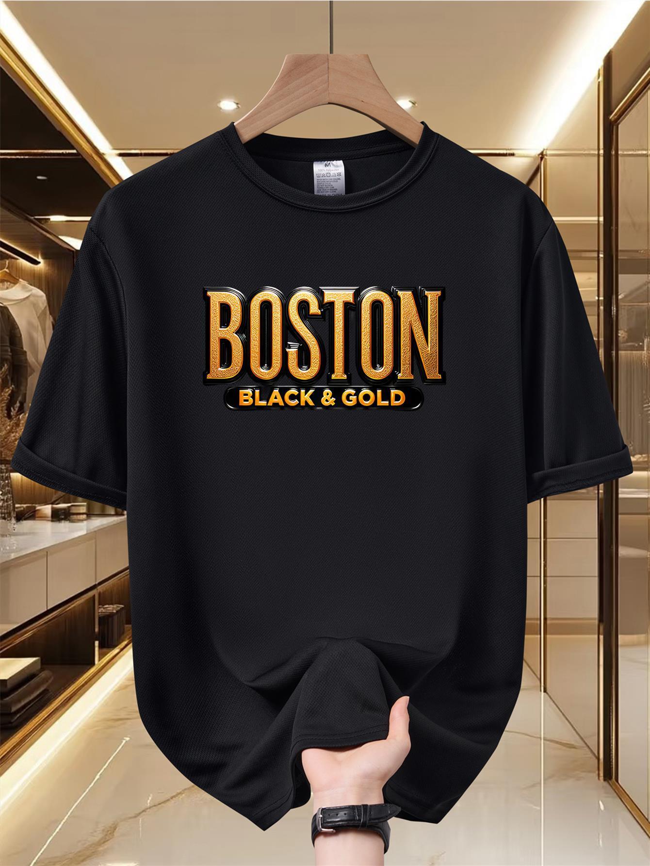 Boston Black & Golden Graphic T-shirt - Soft Breathable Summer Casual Short Sleeve Tee with Bold BOSTON Print S