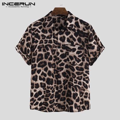 Casual Leopard Printed Men Shirt Lapel Summer Short Sleeve Hawaiian Shirts Fashion Print Tops