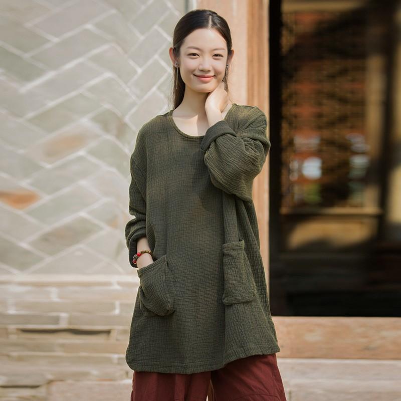 Johnature Damen Vintage T-Shirts O-Ausschnitt Lange Ärmel Patchwork Taschen Herbst Einfarbig Locker T-Shirts