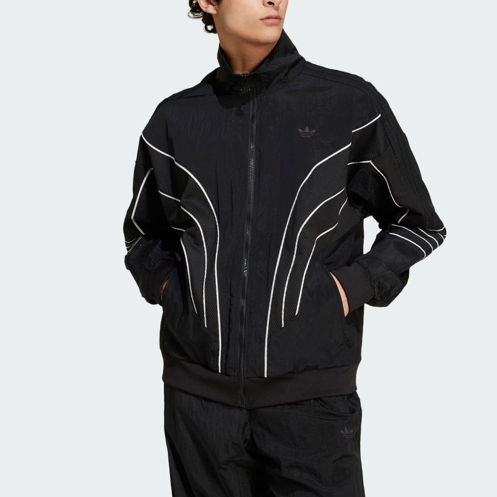 adidas Striped Logo Stand Collar Long Sleeve Jacket for Men, Black